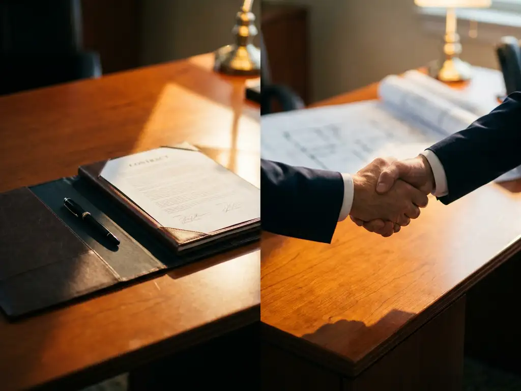 Mahonie bureau met getekend contract en zakelijke handdruk in warm kantoorlicht, blauwdrukken op achtergrond