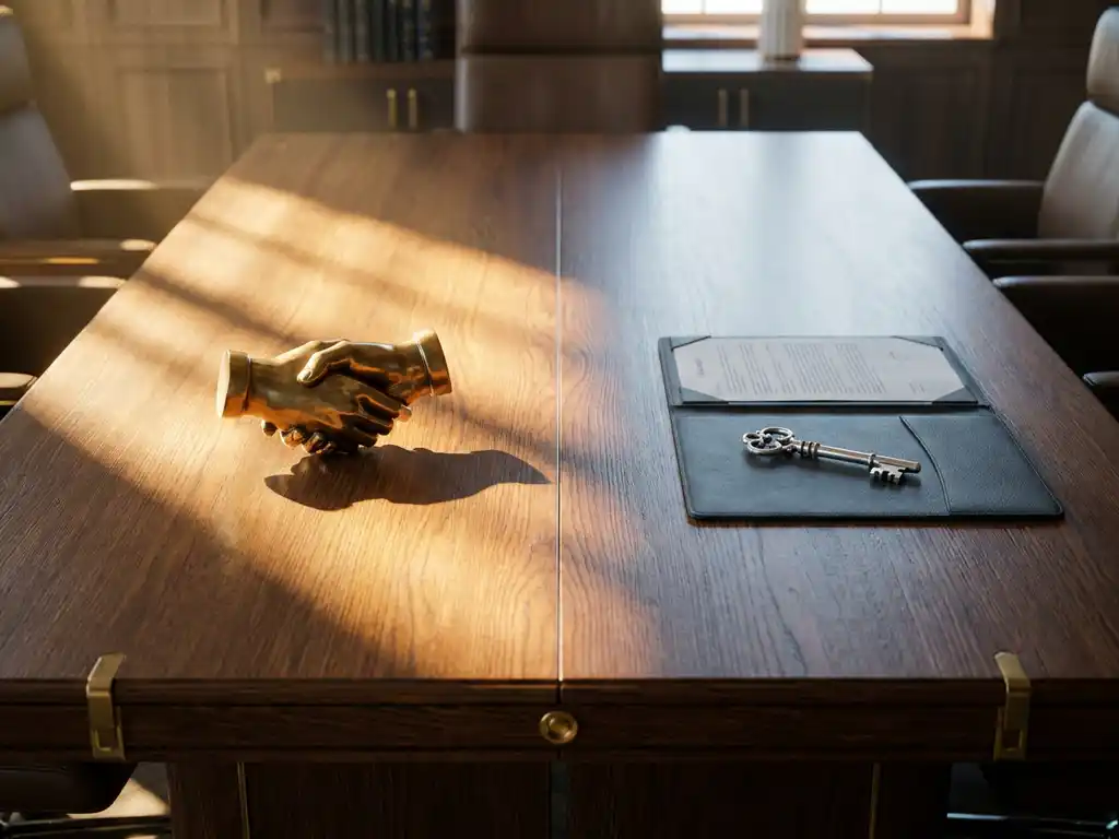 Eiken vergadertafel met messing handdruksculptuur in zonlicht en zilveren sleutel op leren contractmap in schaduw